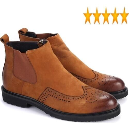 Wing Tip Brogue Mens Retro Ankle Round Toe Block Low Heel Chelsea Boots Top Brand Real Cow Leather British Shoes Footwear