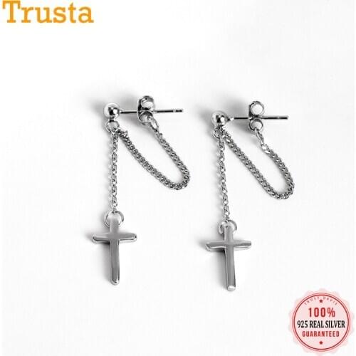 TrustDavis 100% 925 Sterling Silver Cross Chain Stud Earrings Beautiful For Women Lady Silver 925 Jewelry Gift ED470