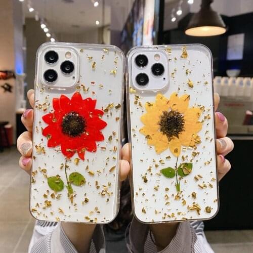 Real Flower Phone Case For iPhone 12 11 Pro X XR XS Max 7 8 6 6S Plus SE 2 12 Mini Fashion Sunflower Colorful Soft TPU Case Bags