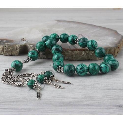 Natural Malachite 925 Silver 25 Beads Tassel Pendant Prayer Beads Islamic Tasbih Rosary Men Women Meditation Jewelry From Turkey