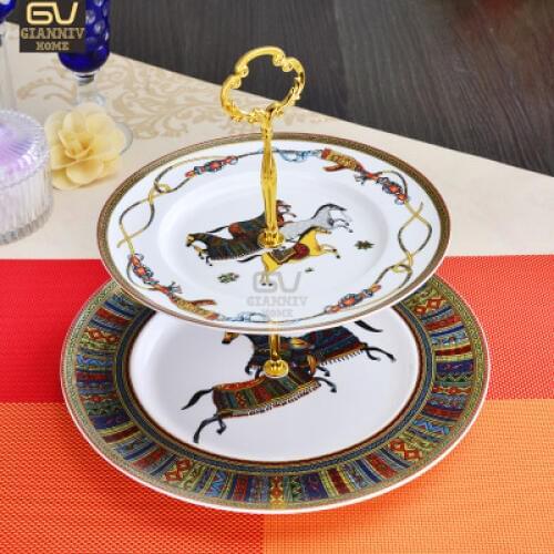 European Horse Bone China Double Decker Plates Cake Fruit Snack Plate Afternoon Tea Ceramic Tray Porcelain Tableware Decoration