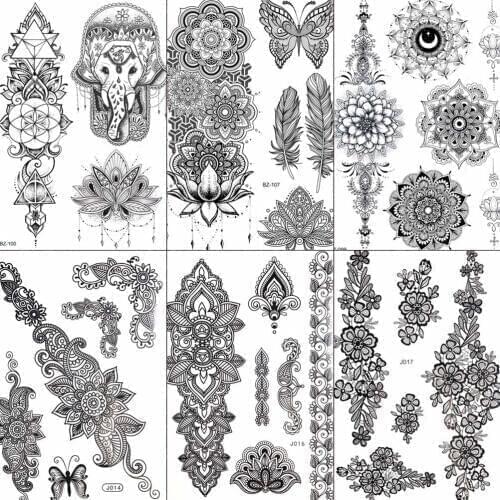 FANRUI Ganesha Elephant Black Henna Temporary Tattoo Sticker Mehndi Lace Fake Tatoo Sexy Waterproof Body Art Arm Tattoo DIY
