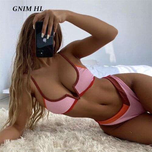 GNIM Sexy V Neck Patchwork Bikini Swimwear Women 2 Pieces Set 2021 Summer Beachwear Halter Swimsuit Female Push Up Bathing Suit