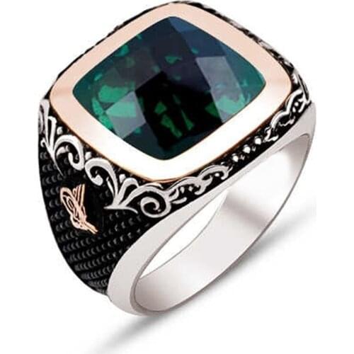Silver Bevel Green Zircon Stone Sides Ottoman Tuğralı Male Ring