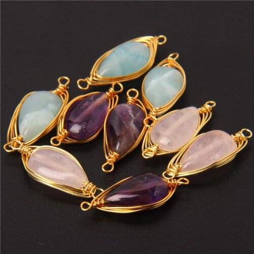 Drop Water Pendant Double Hole Amethyst Stones Charms Rose Quartzs Connectors for Making DIY Jewelry Necklace Bracelet 20x8mm