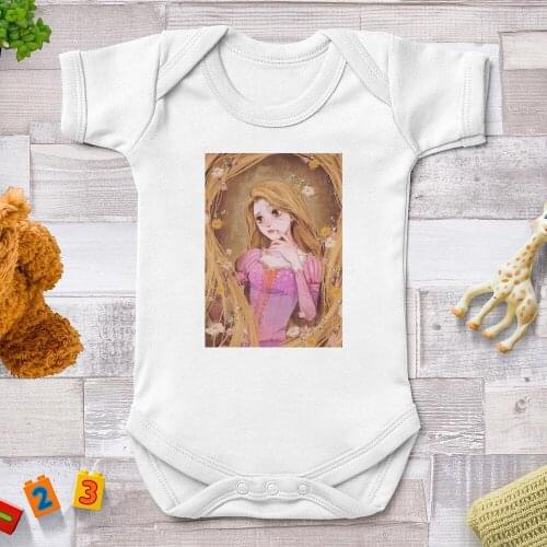 Infant Baby Boys Girls Short Sleeve Cute Rapunzel Printed Graphic Cartoon Disney Romper Jumpsuit Clothes Outfits White Onesie