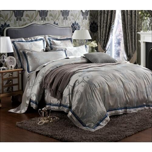 Luxury Coffee Silver Satin Jacquard bedding sets Embroidery bed set double queen king duvet cover bed sheet set pillowcase 4/6pc