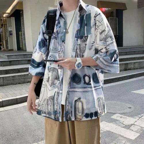 Hong Kong Style Korean Blue and White Porcelain Shirt Retro Hong Kong Style Printed Mens Shirt Loose Outdoor Wear All-Go Top
