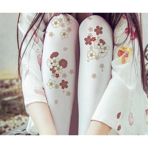 Sweet Cherry blossom Lolita Pantyhose Velvet Print sukura Floral Stockings Japanese Kawaii Tights D073
