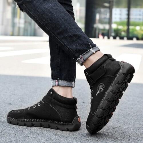 Mens High-top Casual Shoes Autumn and Winter Leather Handmade Flat-bottomed Outdoor Tooling Ankle Boots Non-Leather Leatherette