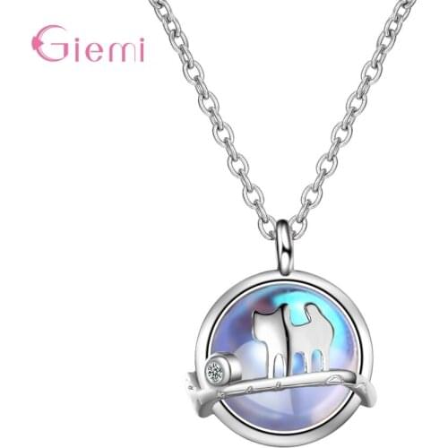 New Fashion 925 Sterling Silver Link Chain Necklaces For Women Cute Cat Moonstone Pendant Necklace Jewelry Gifts