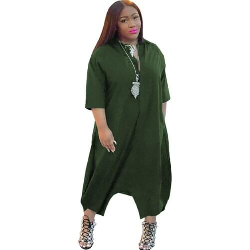 2021 Summer Newest Women Solid Color Jumpsuits Plus Size Hot Selling Short Sleeve V-neck Loose Mid-calf Casual Rompers