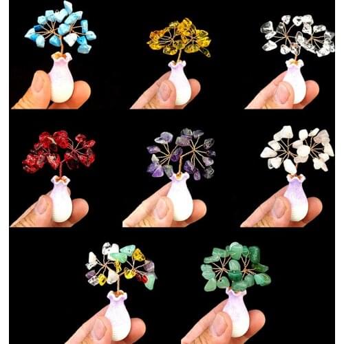 New Mini Crystals Money Tree Copper Wire Wrapped With Agate Slice Base Chakra Amethyst Gemstone Trees Feng Shui Home Decor