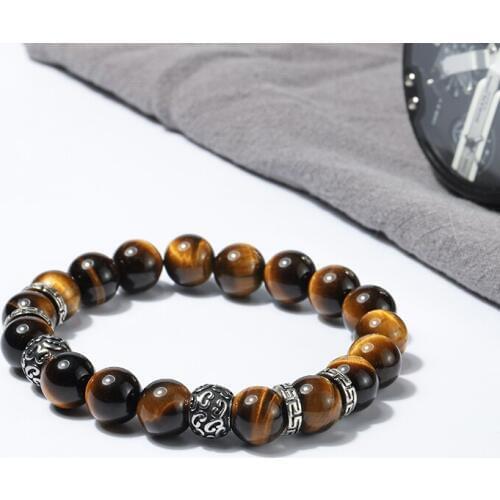 Wholesale 10mm natural stone beaded mens bracelets Tiger eye stone stainless steel metal bracelet jewelry