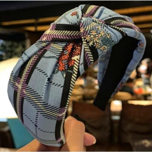Blue Print Plaids Headband for Women Hair Accessories Top Knot Hairband Flora Print Head Band Adults Headwear Headband Knot