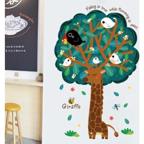 Cartoon Big Tree Giraffe Wall Sticker for Kids Room Bedroom Living Room Backdrop Wall Decoration Removable Furniture Decal Mural