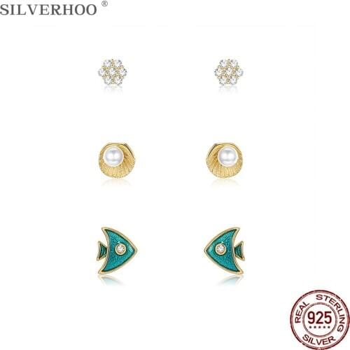 SILVERHOO 925 Sterling Silver Shell Pearl & Fish Stud Earring Set Round CZ Gold Color Small Earrings For Women Jewelry Gift