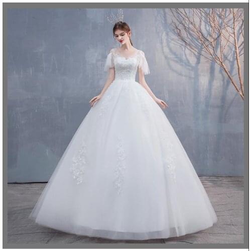 Wedding Dress 2021 New Elegant Lace Embroidery Puff Sleeve Slim Wedding Ball Gowns Vestido De Noiva V-neck Princess Bride Dress