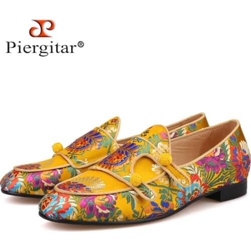 Piergitar 2021 New Arrivals Five Colors Men Silk Shoes Chinese Style Flower Mens Loafers Wedding And Party Smoking Slippers