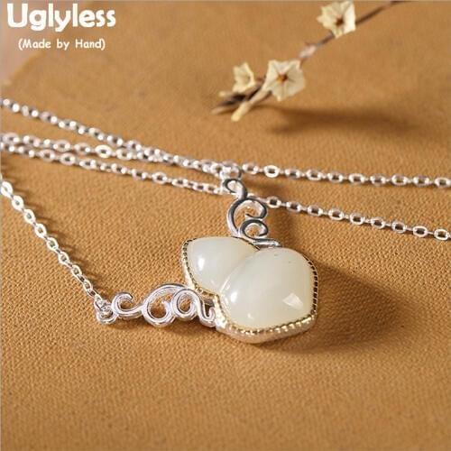 Uglyless Flying Gourd Pendants for Women Real 925 Sterling Silver Necklaces + Chains Natural Jade Fine Jewelry Gemstones P731