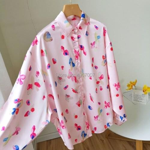 High Quality Floral Printed Satin Shirt Top - Elfbop 2019 Spring Summer Ladies Long Sleeve Blouse Shirt