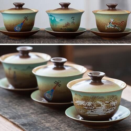 High Quality Retro Firewood Covered Ceramic Sancai 180ml Tea Bowl Kung Fu Tea Set Running Tea Tureen with plate