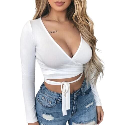 Fashion Womens Wrap Top Sexy Deep V Neck Knot Front Long Sleeve Basic Tee Strappy T shirt Tops Summer Casual Short Clothes