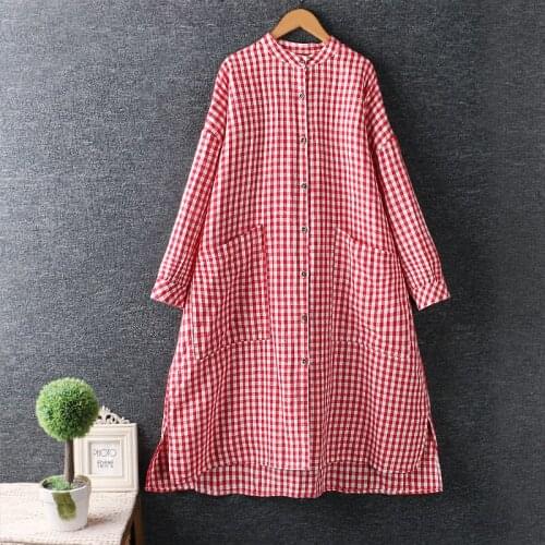 2021 New Spring Women Dresses Japan Style Mori Girl Fresh Stand Collar Plaid Cotton linen Long Sleeve Dress