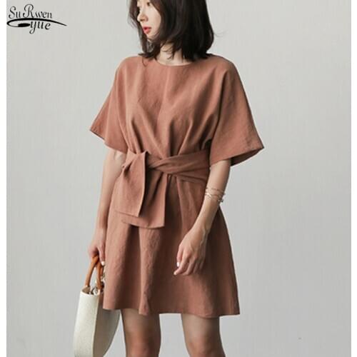 2021 Summer Dress Pullover O Neck Women Dress Cotton Casual Loose Solid Short Sleeve Women Knee-length Dresses Vestidos 8791 50