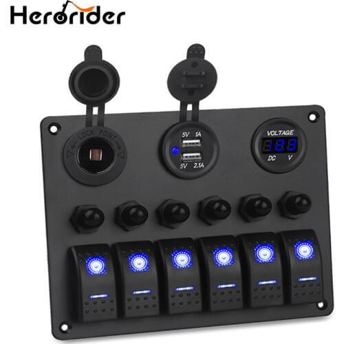 6 Gang Waterproof Car Marine Switch Car Auto Boat Marine LED Rocker Switch Panel Circuit Breakers Voltmeter Car Switches