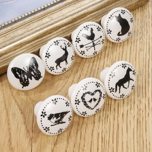 White Print Ceramic Door Knobs And Handles Furniture Drawer Knobs Cupboard Door Handles Single Hole Cabinet Handles With Screws