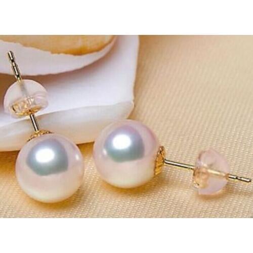 Free shipping charming pair of round 9-10mm akoya white pearl earring 18k