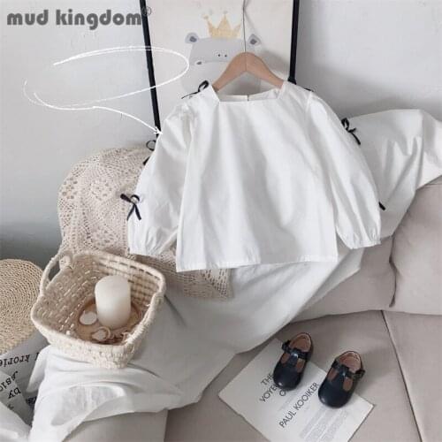 Mudkingdom Girls Blouses Fashion Solid Bow Puff Sleeve Square Collar Shirt Little Girl Long Sleeve Tops Clothe for Spring Autumn