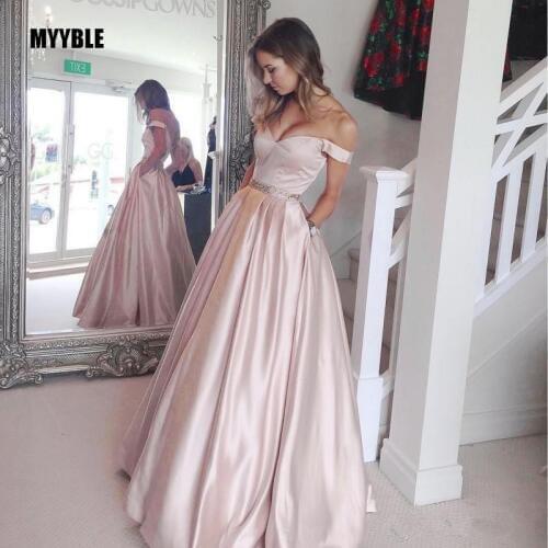 Elegant Muslim Evening Dresses 2020 A-line Off The Shoulder Satin Beaded Islamic Dubai Saudi Arabic Long Formal Evening Gown