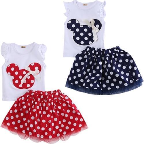 1-4Year Cute Summer Toddler Kids Baby Girl Cotton Tops Sleeveless T-Shirt Vest mouse+Party Dress Skirt Clothes Set 2PCS