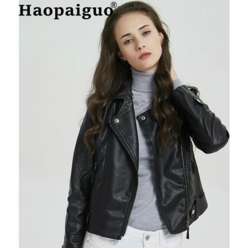 Hot Sale Modis Winter Women Motorcycle PU Leather Jackets Female Autumn Short Epaulet Zippers Washed Coat Black Outwear Coats
