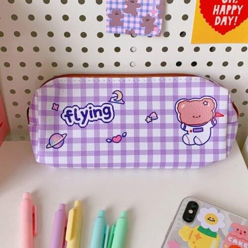 Kawaii Bear PU Leather Pencil Bag Large Capacity Pen Bag Zipper Pouch Cosmetic Makeup Bags School Stationery Student Gifts