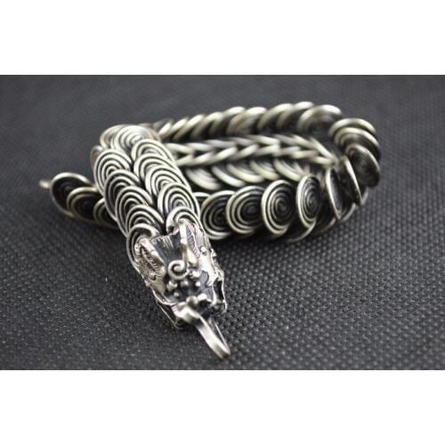 Collection Chinese Tibet Silver Carved Animal Zodiac Lucky Dragon Bracelet Exquisite Small Gift