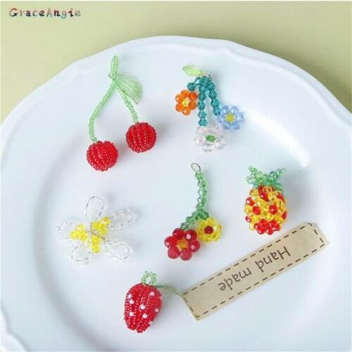 2PCS Korea Glass Crystal Bead Weaving Flower Strawberry Cherry Fruit Pendant DIY Handmade Jewelry Earring Accessories Cute Gift
