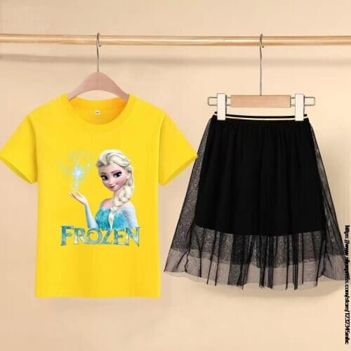 Disney Girls Frozen Elsa Clothes Sets Summer Floral Children Short Sleeve T-shirt+skirt 2PCS Kids Suit Fashion Cartoon Outfits