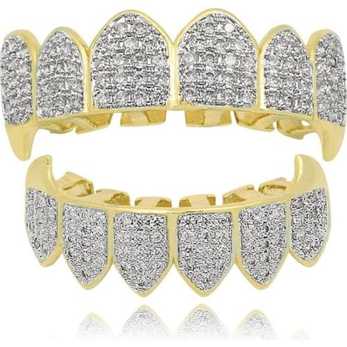 Iced Out Teeth Grillz Hip Hop Cubic Zirconia Mouth Caps Vampire Teeth Set Top & Bottom Dental Grills Rock Jewelry