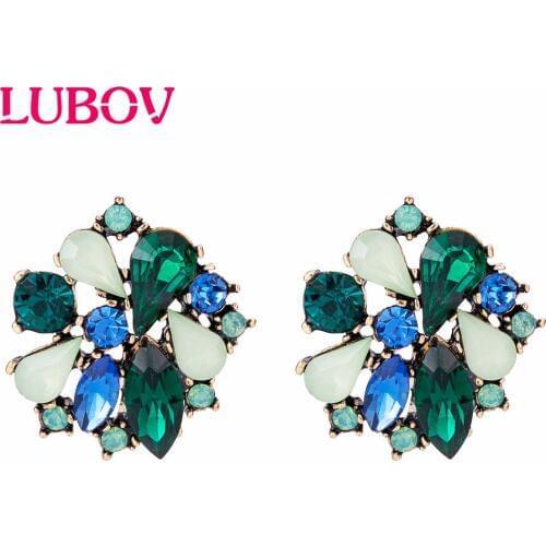 LUBOV Multi-color Crystal Flower Rhinestone Stud Earrings Anti Gold Color Piercing Earrings Trendy Women Wedding Party Jewelry