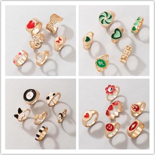 Fashion Metal Geometric Rings Womens Ethnic Green Is Love Flowers Butterfly Mushroom Tai Chi 5 Times Rings Jewelry for Girls