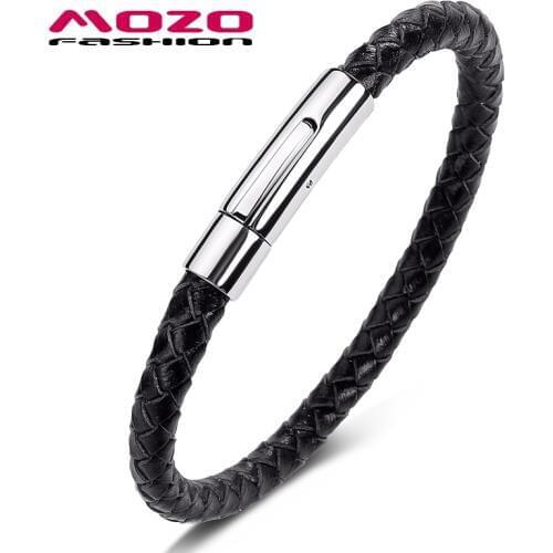 MOZO FASHION Men Bracelet Black Brown Handmade Leather Bracelet Stainless Steel Snap Button Bracelets Casual Male Jewelry PS1003