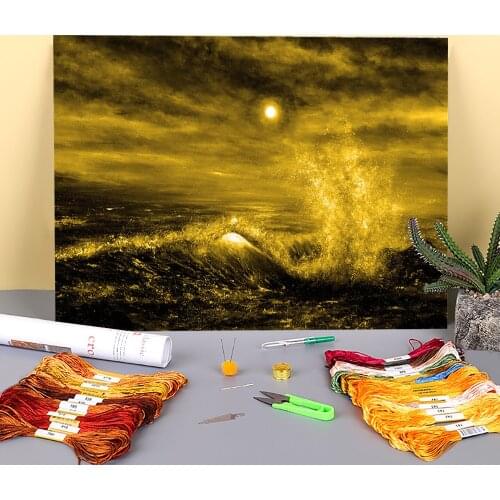 Natural Scenery Golden Wave Printed 11CT Cross Stitch Embroidery Complete Kit DMC Threads Handiwork Sewing Handmade Gift
