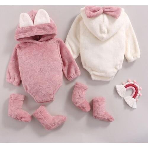 2021 Autumn Winter Baby Girls Romper Infant Long Sleeve Hooded Jumpsuit + Socks Outfit Fleece Warm Baby Clothes 0-18M