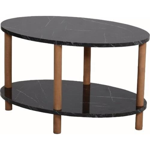Oval Wooden Flip Two Layer Gazetelikli Black Marble Pattern Medium Coffee Table