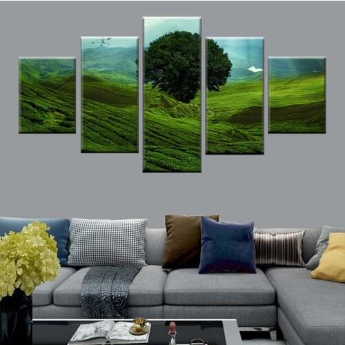 Modern HD Printing Art Painting 5 Pieces Green Hill and Green Tree Nature Landscape Poster Canvas Living Room Decoration Picture