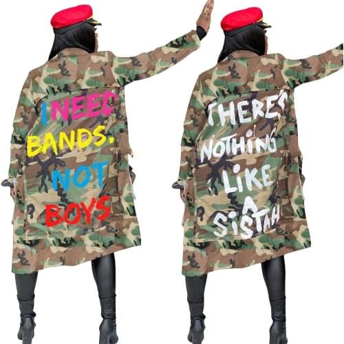 Letter Print Trench Women Camouflage Coat Long Sleeve Turn Down Collar Windbreaker with Pockets Fall Spring Clothes Streetwear