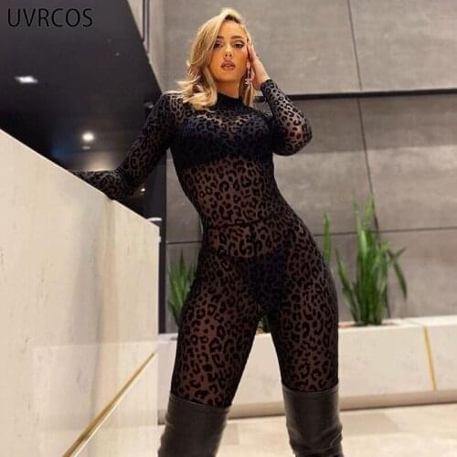 UVRCOS 2021 Fashion Women Sexy Outfits For Woman Autumn Long Sleeve Leopard Flocking Club Wear Cyber Y2K Rompers Womens Jumpsuit